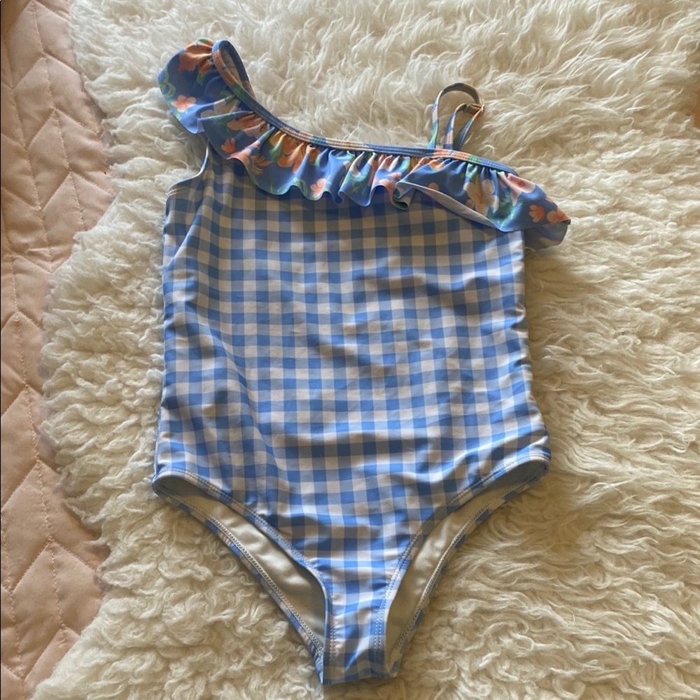 Blue Gingham One-Shoulder Swimsuit